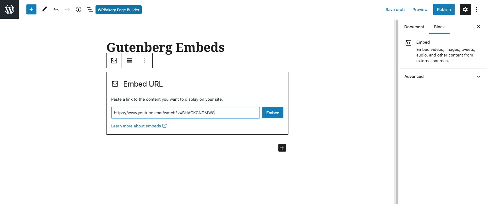 Bloco WordPress oEmbed Gutenberg