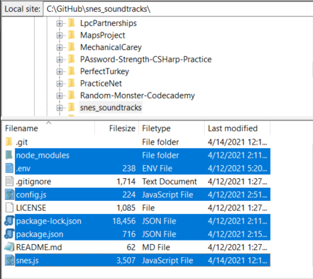 An image of the file directory containing the files for a twitter bot. .env, config.js, snes.js, and package.json are highlighted