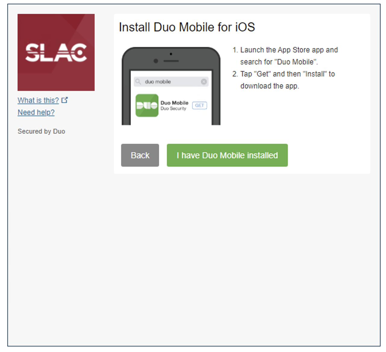 Screenshot of the Duo screen titled "Install Duo Mobile for iOS""