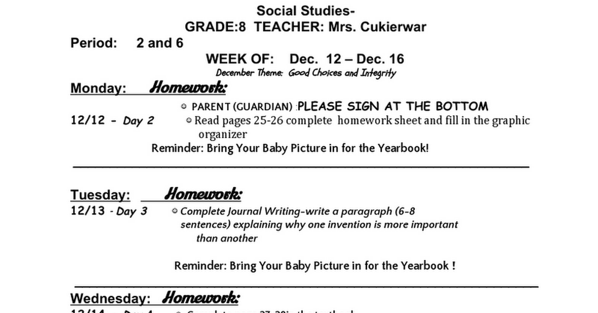 Homework Week of Dec. 12 - Dec. 16