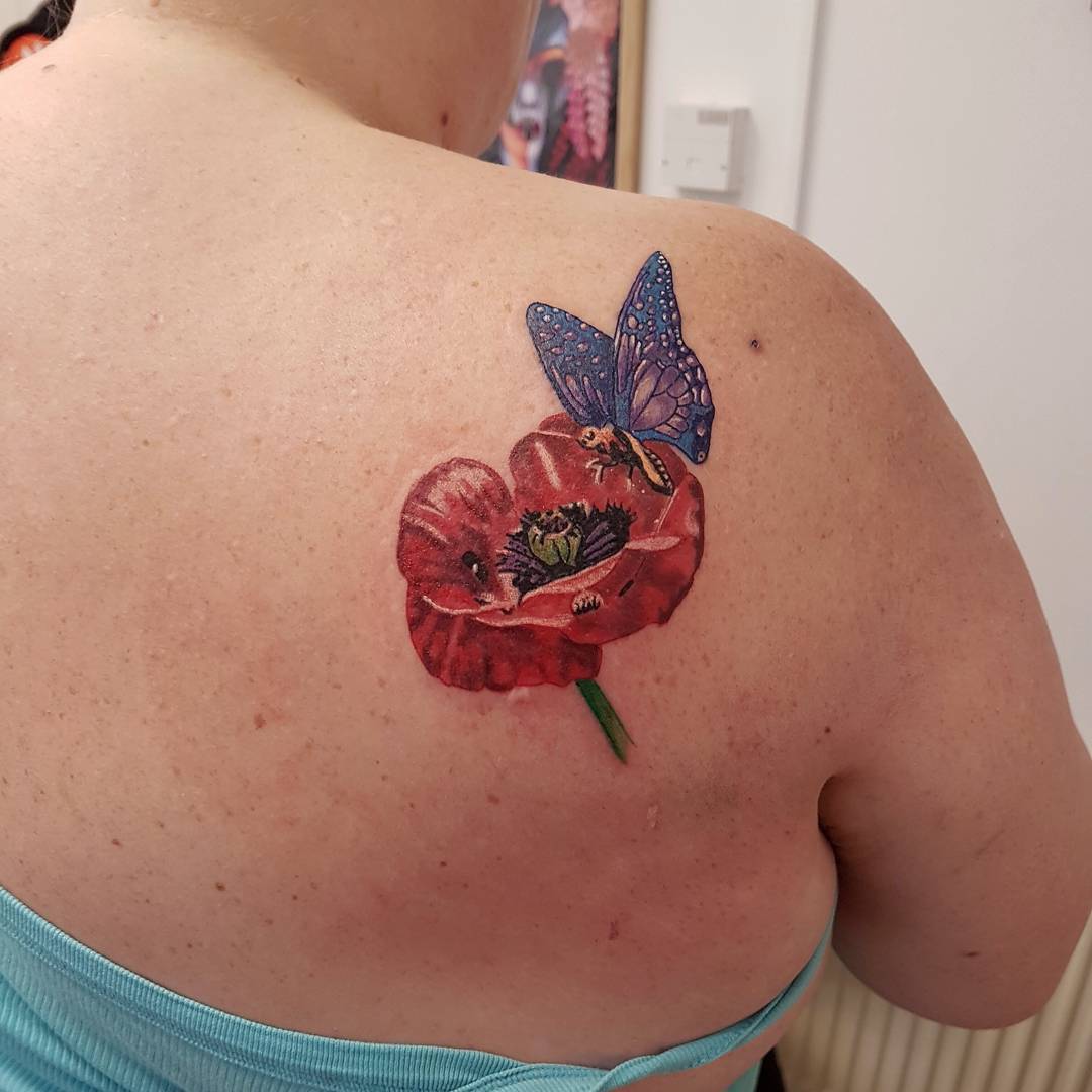 Cute Butterfly And Flower Tattoo On Back Shoulder