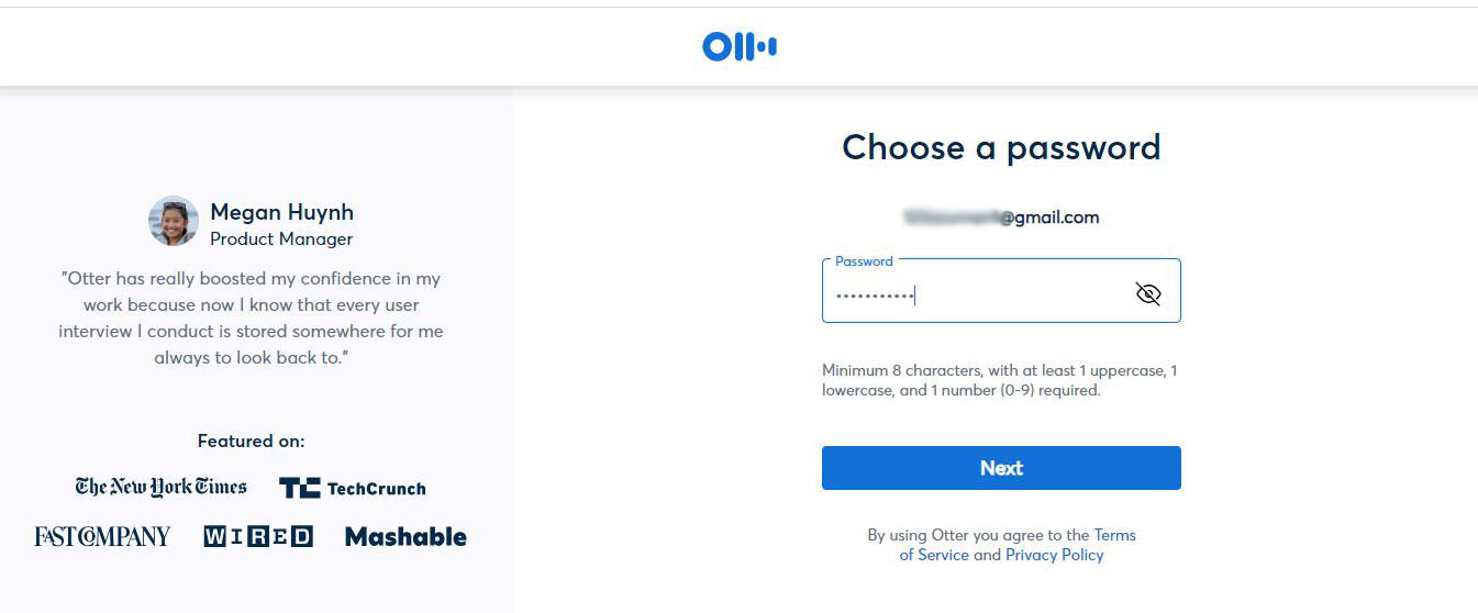 choose password for Otter.ai