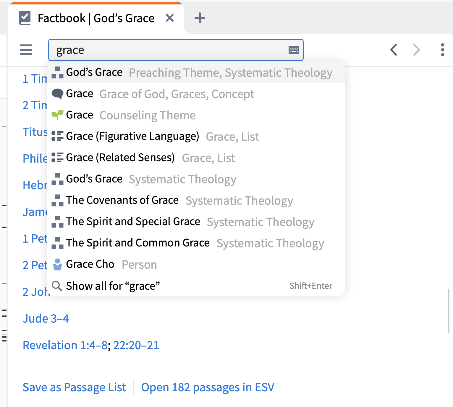 options to study grace from the Factbook in Logos