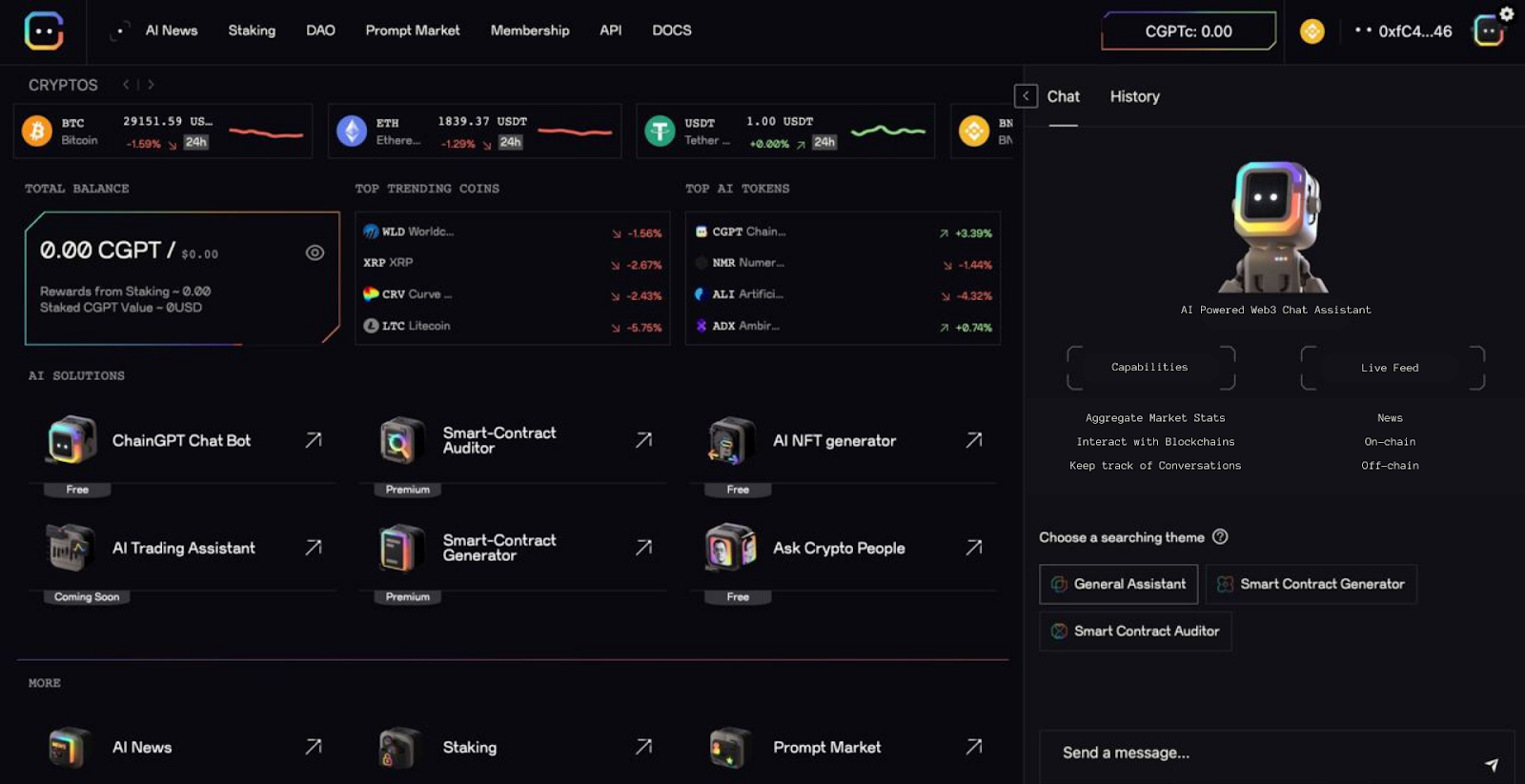 ChainGPT V1 Web App and DApp Screenshot,  a leading AI platform specialized in blockchain, Web3, and crypto tools, featuring services like AI-powered NFT creation, smart contract auditing, smart contract generation, and AI-driven trading tools.