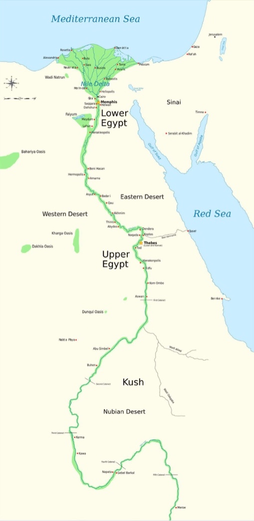 Upper and Lower Egypt | Note the narrowness of the floodplain, marked in green. The narrow  floodplain, usually not more than 15 miles wide and often considerably less, encouraged high population densities close to the Nile River. | Author: Jeff Dahl | Source: Wikimedia Commons | License: CC BY-SA 4.0