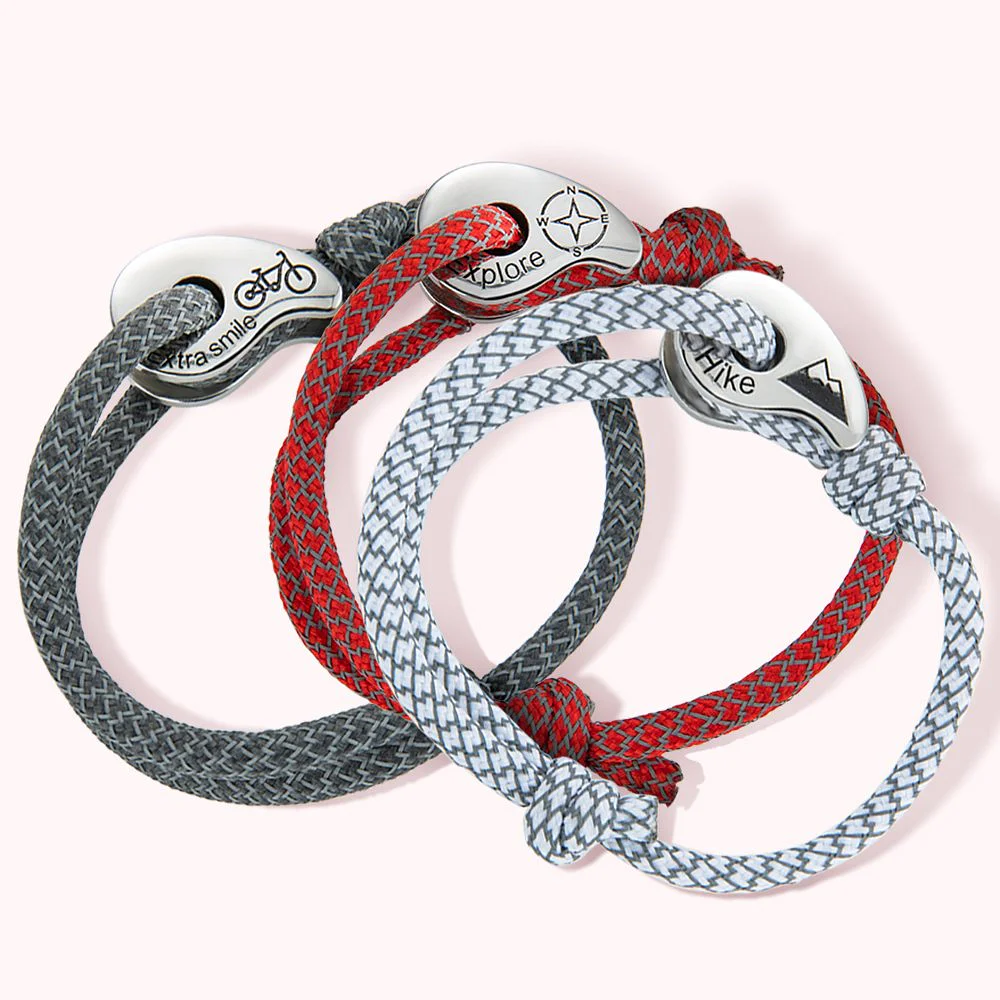 3 bracelets en corde, personnalisés avec une activité vélo, orientation, montagne.