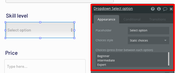 Configuring a no-code dropdown menu element