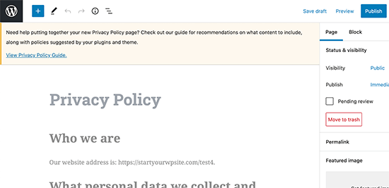 Editando a página de política de privacidade