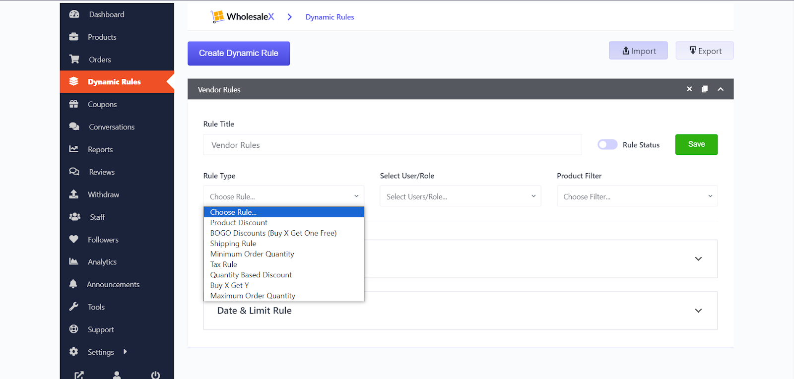 A screenshot to enable dynamic rules for vendors