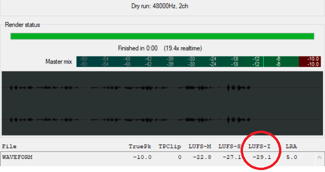 Screenshot of Reaper's Dry-Run Render, which has finished in 0:00 at 19.4 times realtime. There are six output numbers along the bottom; Brad has circled the fifth one, LUFS-Integrated, in red, which is showing -29.1.