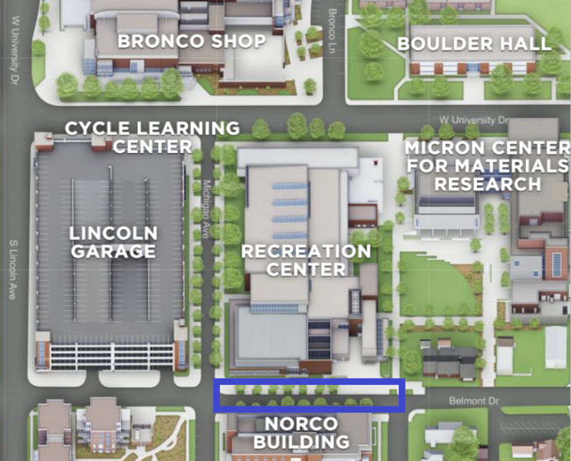 Overhead map of Boise State campus highlighting Belmont Street between Vermont Ave. and Michigan Ave