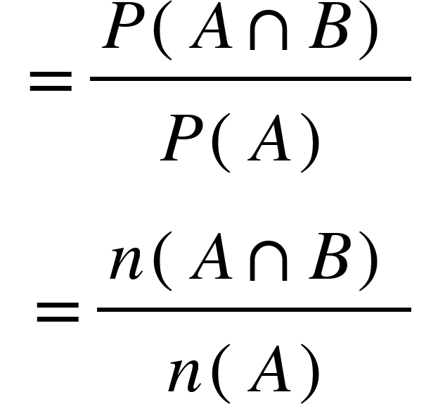 <math xmlns="http://www.w3.org/1998/Math/MathML"><mtable columnspacing="0em 2em 0em 2em 0em 2em 0em 2em 0em 2em 0em" columnalign="right left right left right left right left right left right left"><mtr><mtd><mo>=</mo><mfrac><mrow><mi>P</mi><mo>(</mo><mi>A</mi><mo>&#x2229;</mo><mi>B</mi><mo>)</mo></mrow><mrow><mi>P</mi><mo>(</mo><mi>A</mi><mo>)</mo></mrow></mfrac></mtd></mtr><mtr><mtd><mo>=</mo><mfrac><mrow><mi>n</mi><mo>(</mo><mi>A</mi><mo>&#x2229;</mo><mi>B</mi><mo>)</mo></mrow><mrow><mi>n</mi><mo>(</mo><mi>A</mi><mo>)</mo></mrow></mfrac></mtd></mtr></mtable></math>