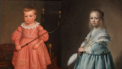 Two paintings of boy dressed in pink and a girl dressed in blue from the late 19th century.
