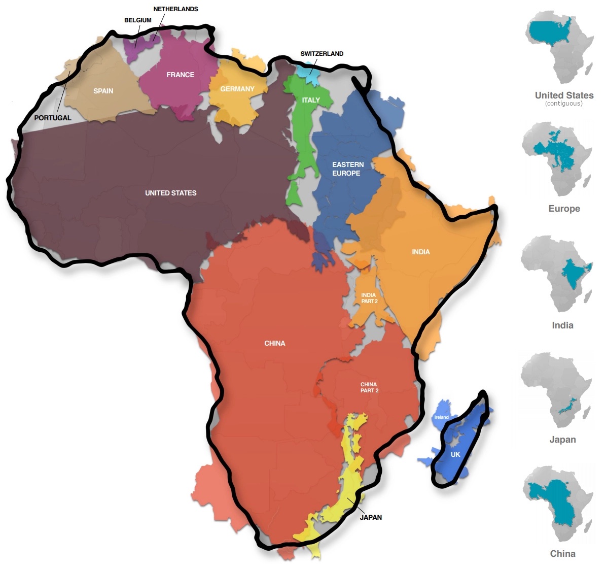 World regions arranged to fit into Africa's borders including Portugal, Spain, Belgium, Netherlands, France, Germany, United States, Switzerland, Italy, Eastern Europe, China, India, Japan, and the UK.