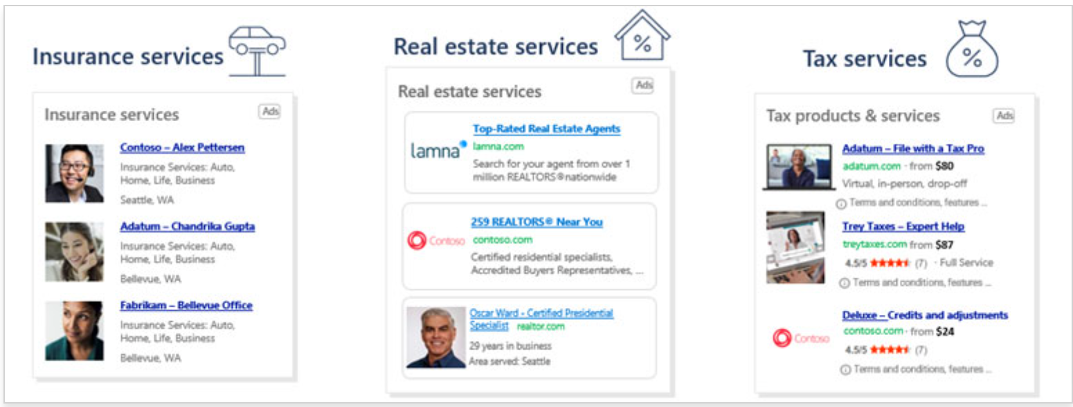 Screenshot of Microsoft Ad's Professional Services auction - for Insurance services, real estate services, and tax services.