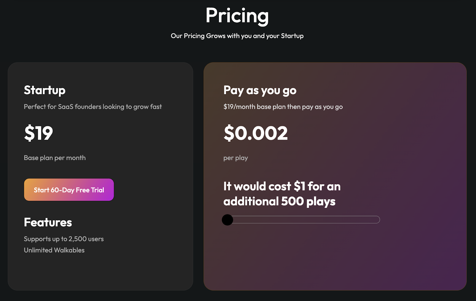 Startup: $19 a month
Pay as you go: $0.002 per play
