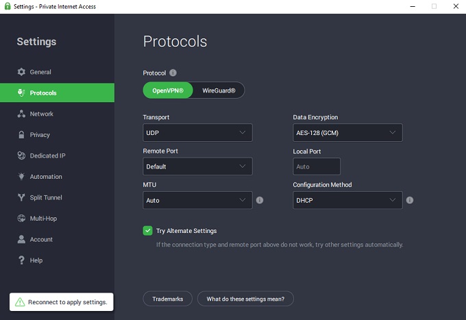 PIA OpenVPN protocol selected