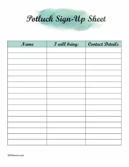 Potluck Sign up Template