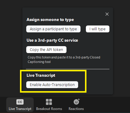 Screen shot of enable auto-transcription button