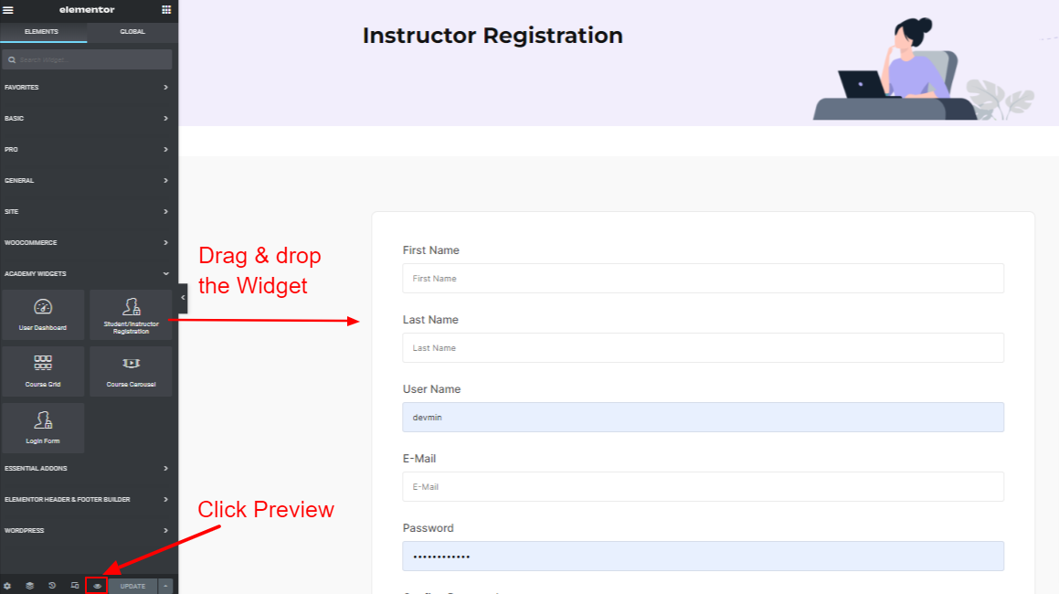 instructor registration widget