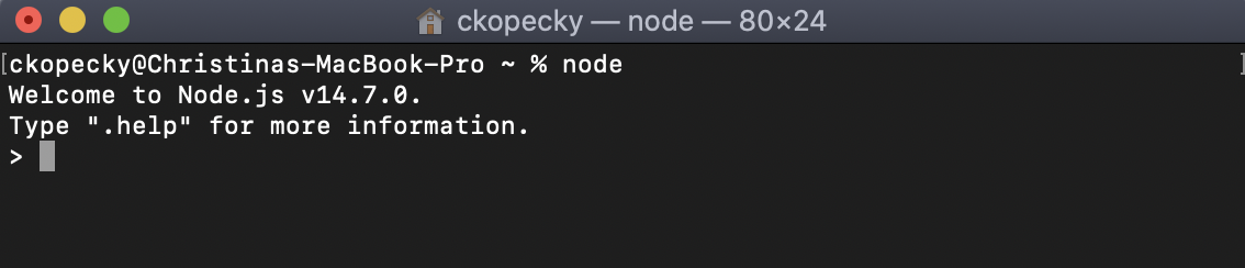  Jako terminal powinien pojawić się po rozpoczęciu Python 3 „> <figcaption> Co terminal powinien wyglądać jak po uruchomieniu Node. </figcaption> </figure> <p>2. Wpisz console.log (