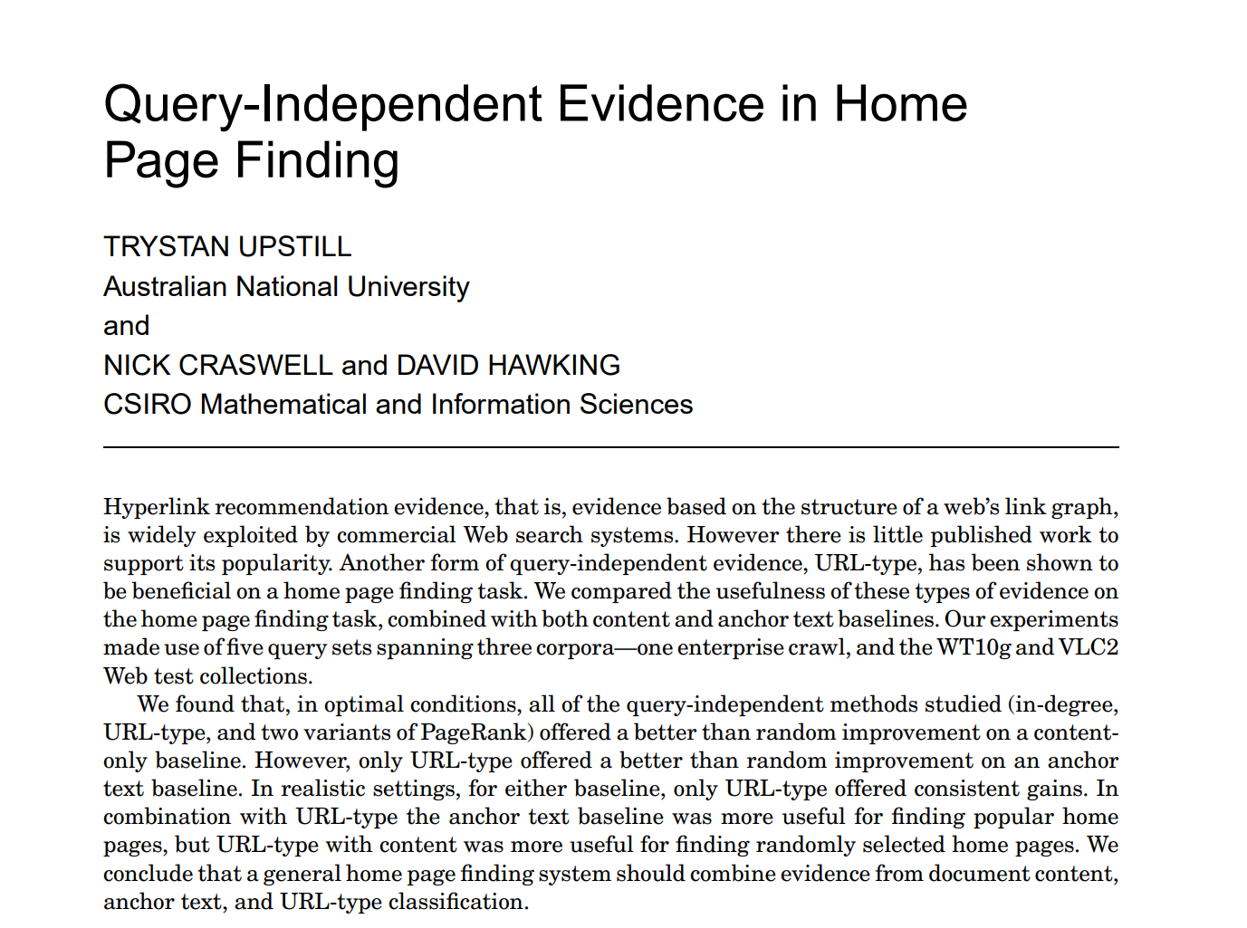 Query-Independent Evidence in Home Page Finding
