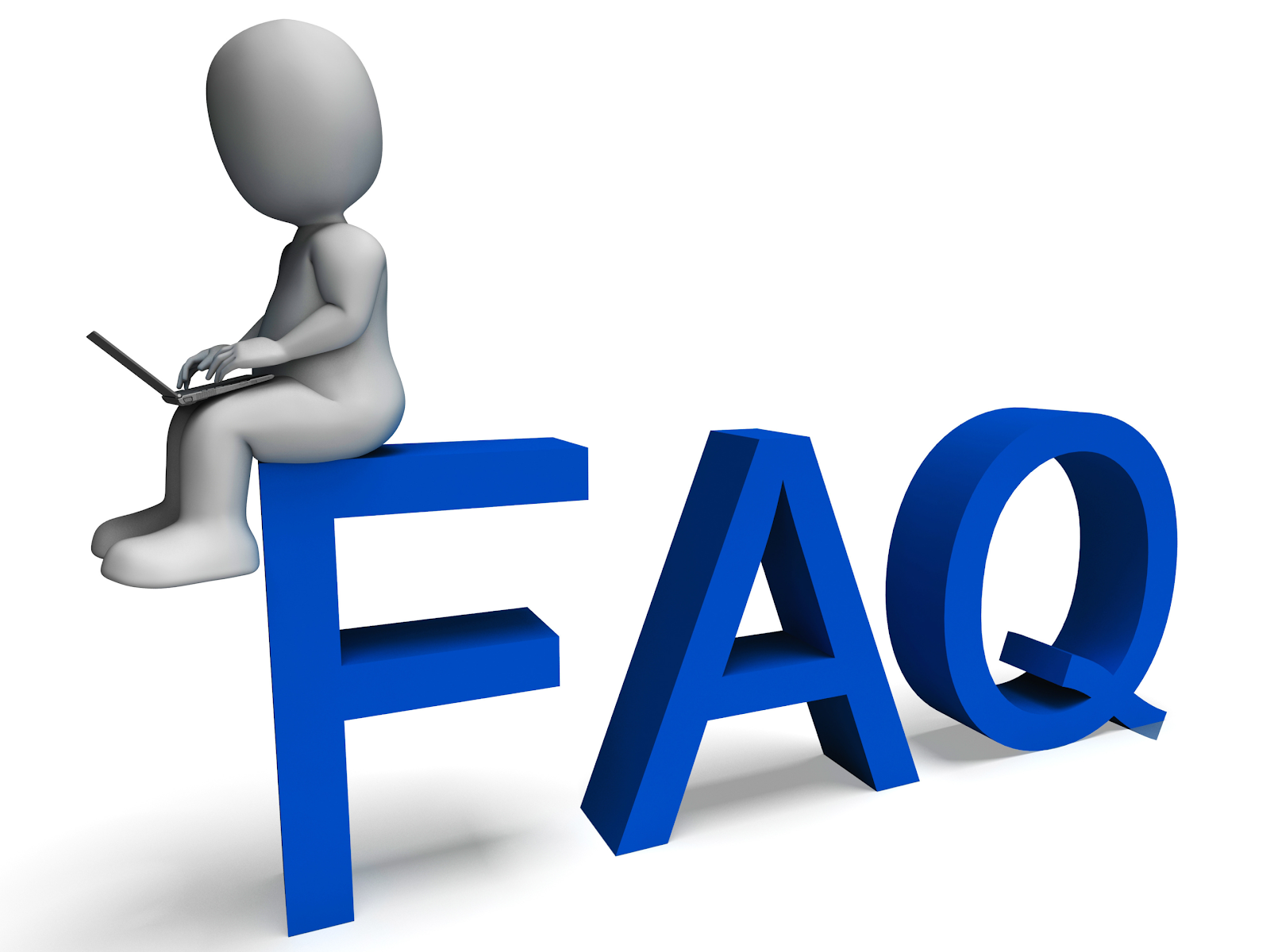 Letter statues speeled FAQ with an animated person on top of the letter F using a laptop.