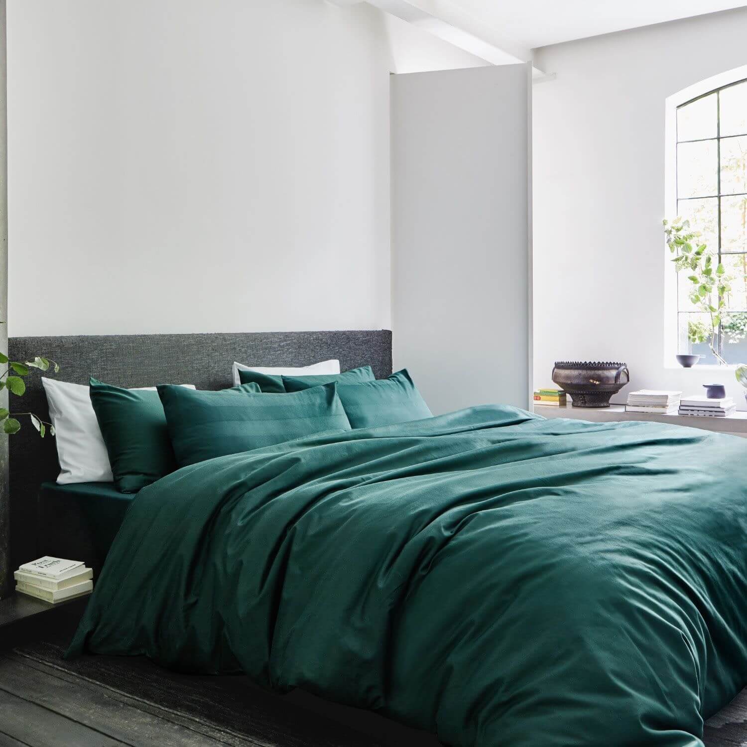 Drap giường trơn xanh cổ vịt 100% cotton