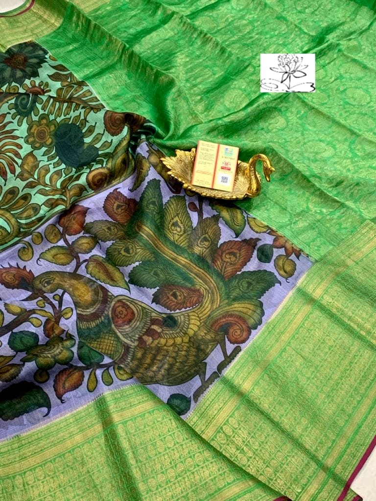 Pure Handloom Banaras dupian pattu kalamkari digital prints saree