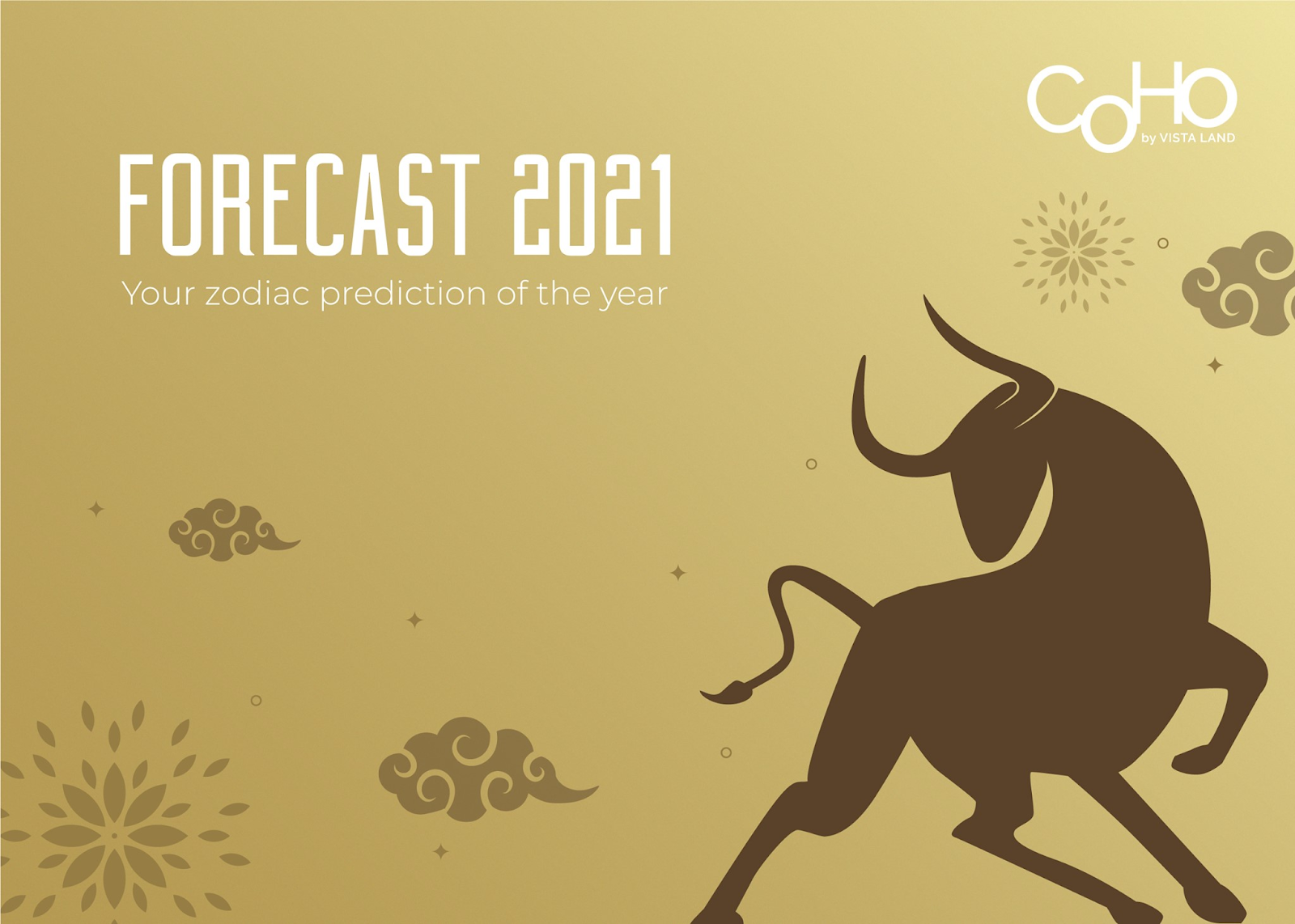 “Forecast 2021: Your zodiac prediction of the year” on Golden poster of Chinese Lunar Year with outline of Ox to signify Year of the Metal Ox, and small clouds and firework elements in the background