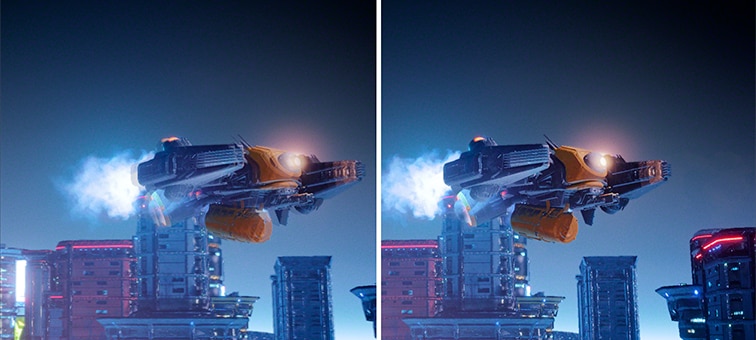 Dual screen image of spaceship flying over city with image on left showing ghosting and image on right showing enhanced clarity