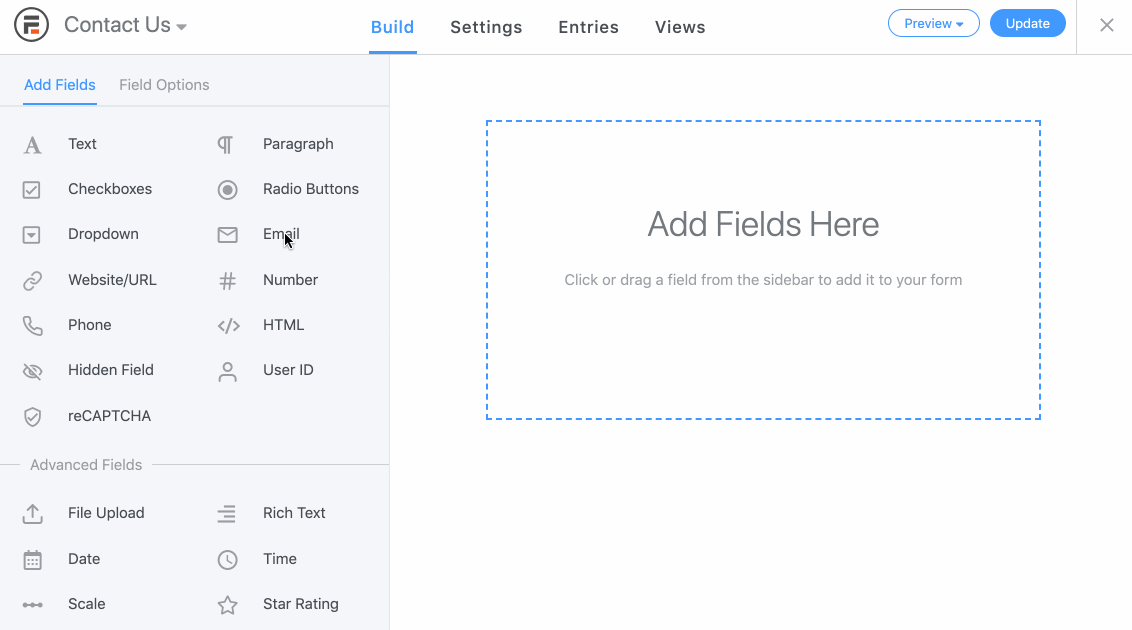 Formidable's drag-and-drop form builder makes building a form quick and easy