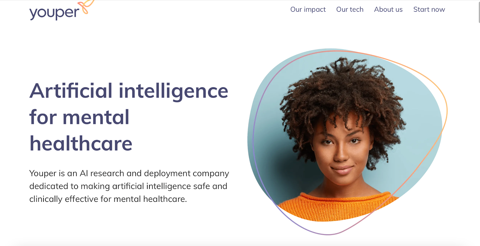 The Youper homepage that states it is 'artificial intelligence for mental healthcare'.