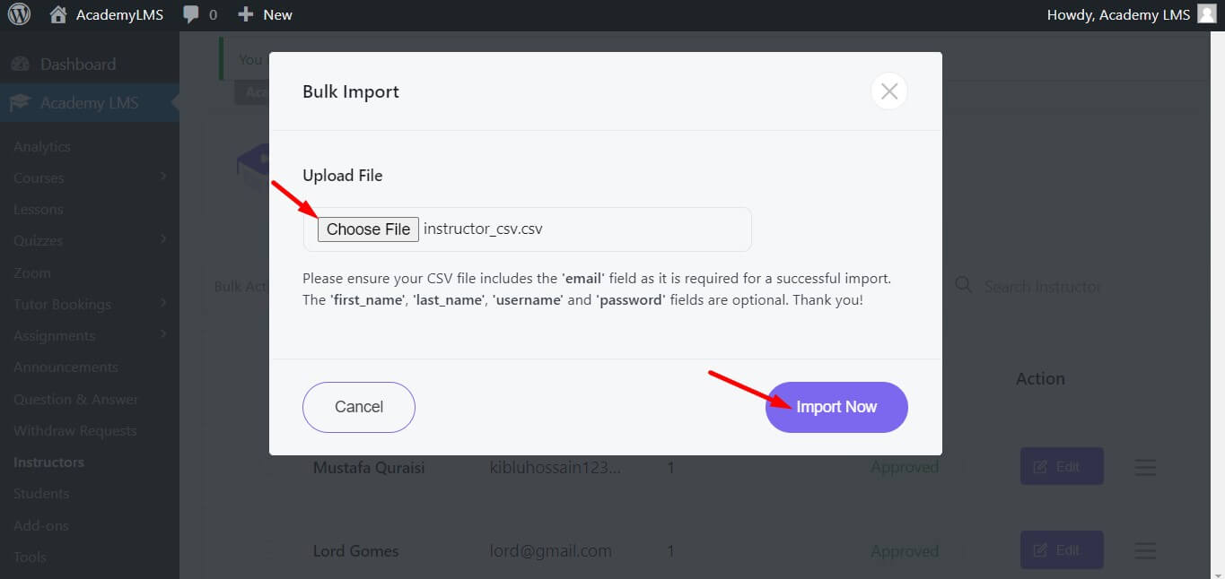 choose csv file and import 