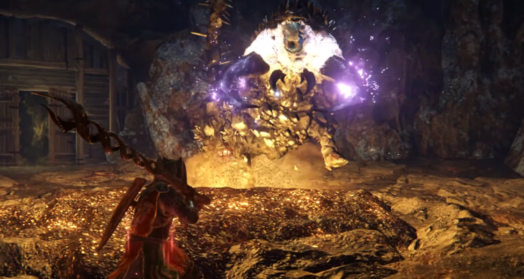 A screenshot showing the Full-Grown Fallingstar Beast preparing to kill the player in Elden Ring
