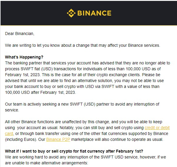 Binance SWIFT customers to face major hindrances from Feb.1 1