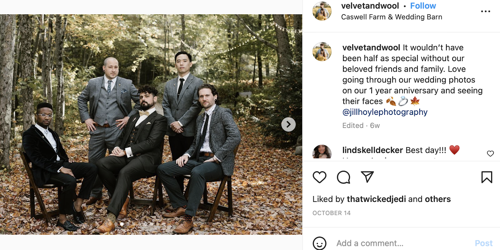 photo of groom and groomsmen posing in forest