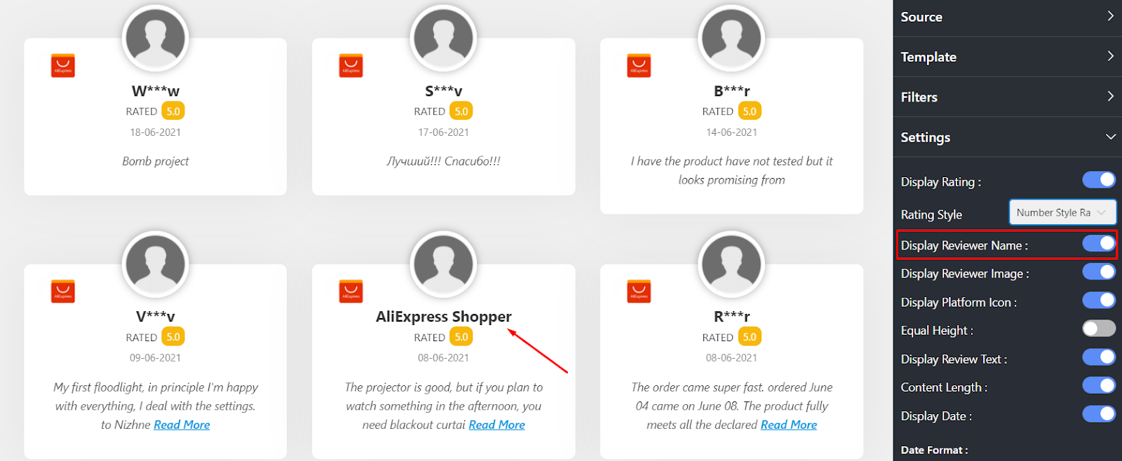 AliExpress reviews display reviewer name