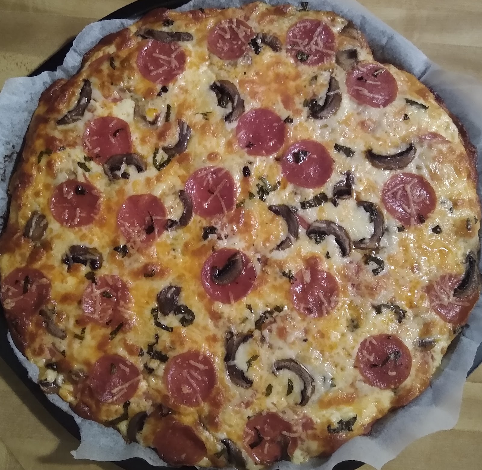 pepperoni, mushroom and basil pizza recipe picture