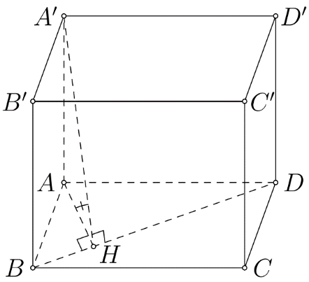 Cho khối hộp chữ nhật (ABCD.A'B'C'D') có (AD = sqrt 3 AB = sqrt 3 a), góc giữa hai mặt phẳng (left( {A'BD} right)) và (left( {ABCD} right)) bằng ({60^0}). Thể tích của khối hộp chữ nhật đã cho bằng</p> 1