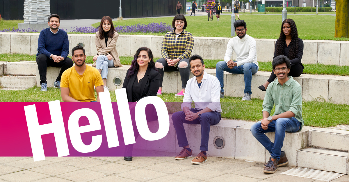 Group of students with Hello text 