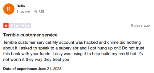 A negative Chime review from a customer who was “hung up on” by the customer service team. 