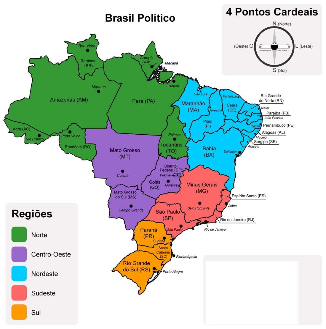 Mapa Político do Brasil - cinco Regiões (com imagens) | Geografia ...