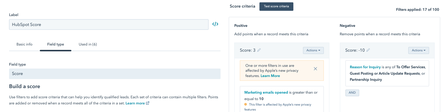 screenshot of some manual lead scoring settings in HubSpot