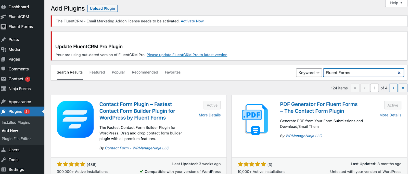 WordPress, fluent forms, plugins section