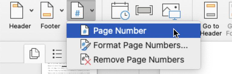Word for Mac Header/Footer Tab, Page Number menu selected, cursor on Page Number