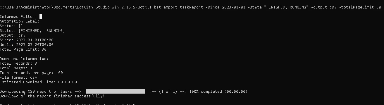 Screenshot of the Windows command prompt, showing the mentioned information, the progress of the report generation, which shows finished with 100%.