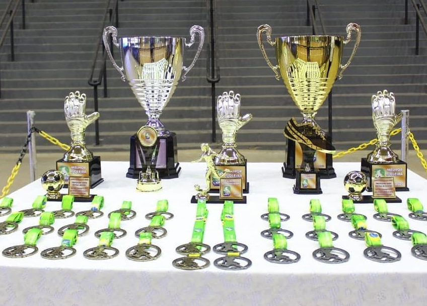 Na imagem a foto das taças de campeã e vice, as medalhas e os troféus individuais