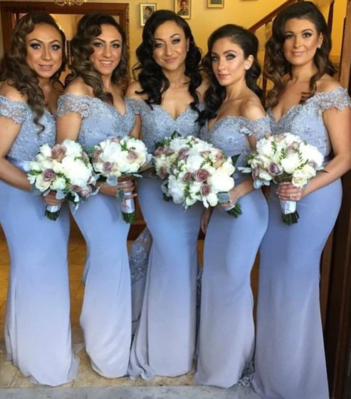 9 Light Blue Off The Shoulder Mermaid Lace Bridesmaid Dress