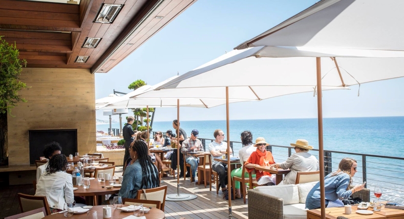 Patrons dine at Nobu Malibu restaurant in Malibu, CA.